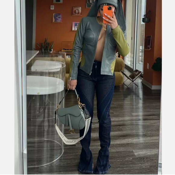 The Glamour Blueprint Trieze Biker Jacket Lambskin Leather Gray Green Women's L - Picture 3 of 12